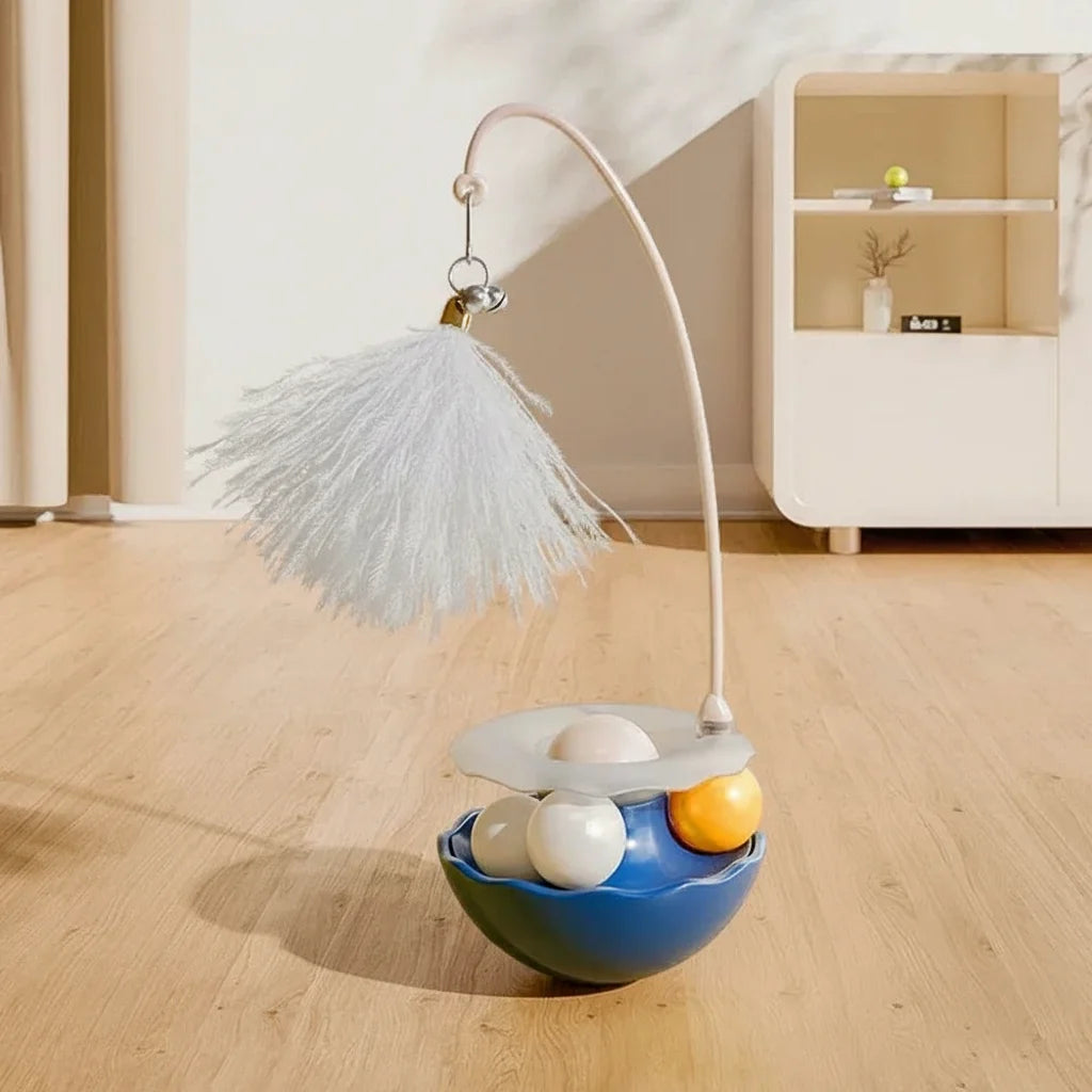 Durable non-tipping cat enrichment toy featuring a feather wand and bell for active cats.