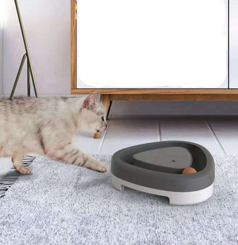 Interactive cat toy with circular ball track and corrugated scratch pad for feline enrichment, mental stimulation