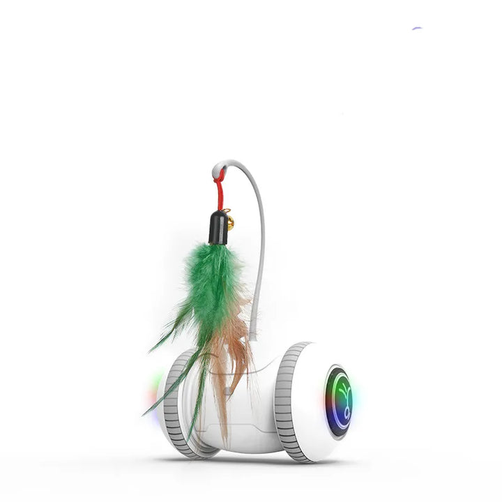 Happy cat pouncing on a moving feather on a durable interactive pet toy