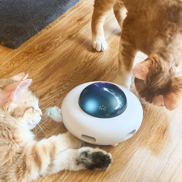 Interactive cat toy with LED lights, feather wand, and spinning base for feline fun