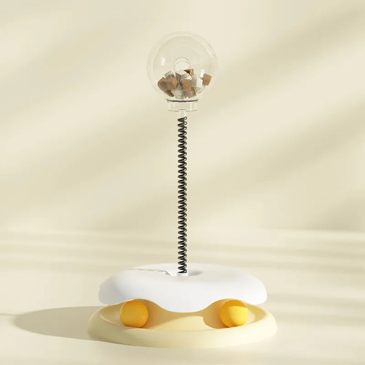 Cat toy treat dispenser with flexible pole, encourages mental & physical activity