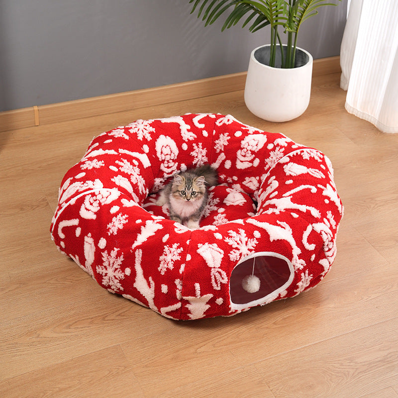Plush mat inside an interactive cat tunnel, creating a warm and inviting space, cat bed