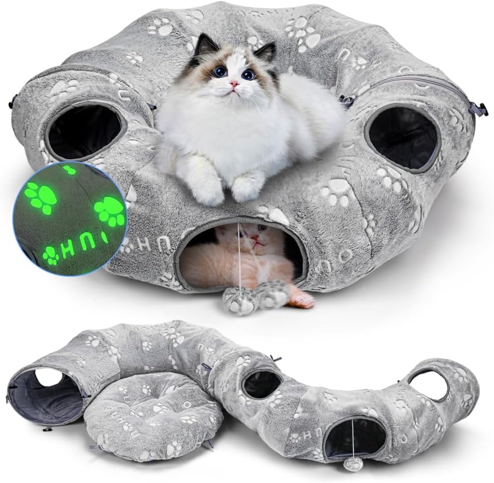 Christmas pet present: interactive cat tunnel with plush mat for joyful holidays, cat supplies