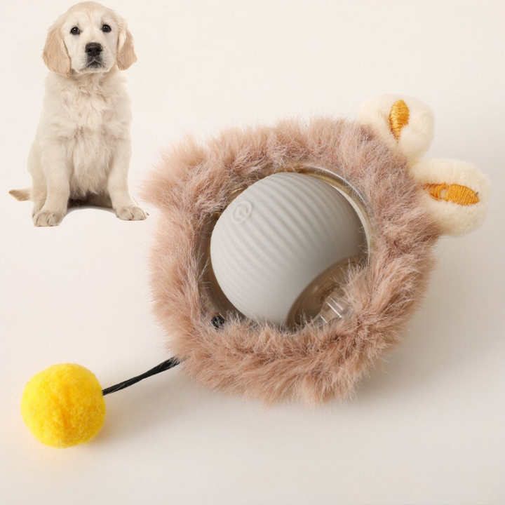 Interactive dog play ball with soft fur cover, ideal for active dogs and puppies, enrichment pet toy.