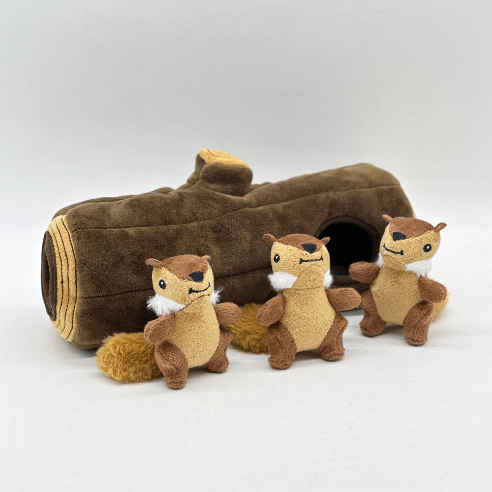 Close-up of a soft, interactive dog squirrel puzzle toy, perfect for pet enrichment and play