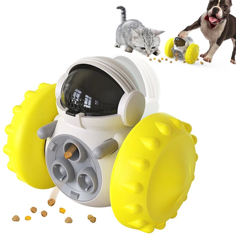 Yellow and blue interactive pet treat dispenser, a slow feeder puzzle toy for mental stimulation.