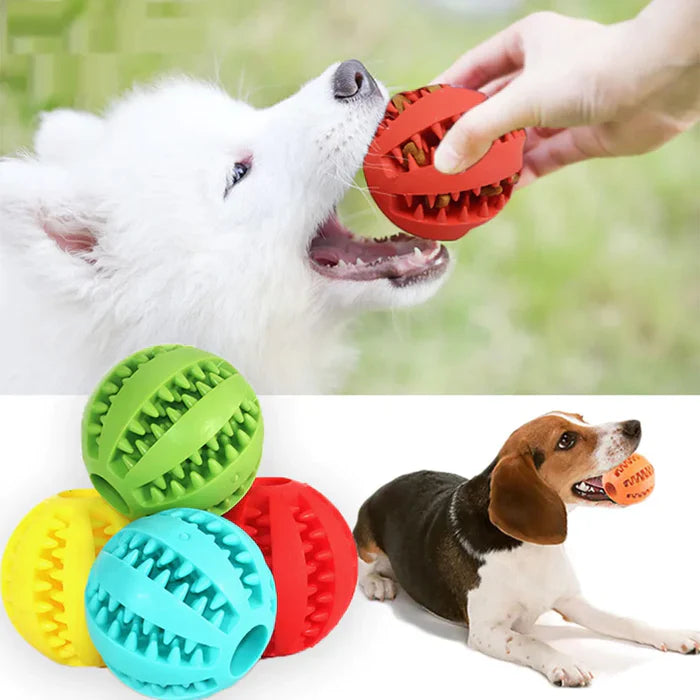Interactive dog treat dispensing chew ball for dental health with treats inside, durable pet toy.