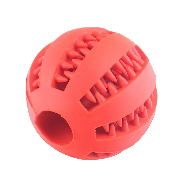 Happy dog engaging with an interactive chew ball, treats included for dental hygiene.