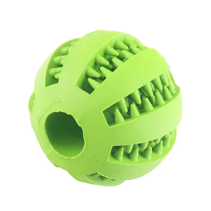 Side view of an interactive dog treat dispensing chew ball showcasing its dental features.
