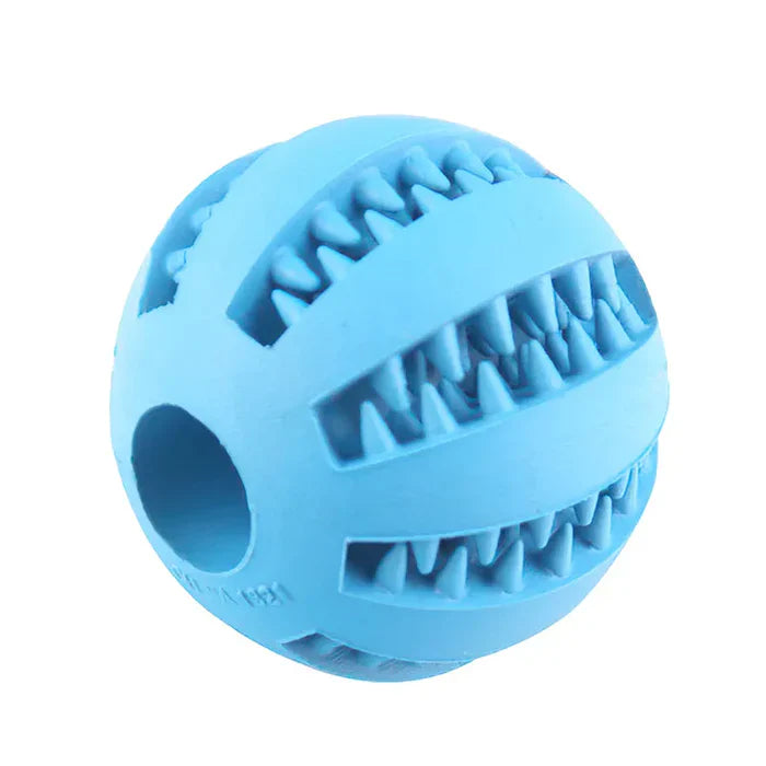 Durable interactive dog toy: chew ball for treats, essential for pet dental health.