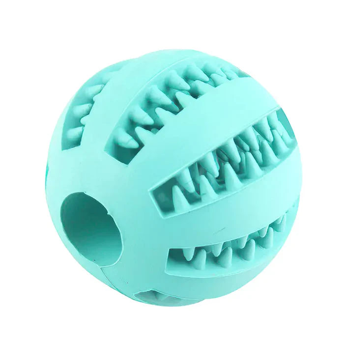 Close-up of textured interactive dog chew ball, dispenses treats, promotes dental health.