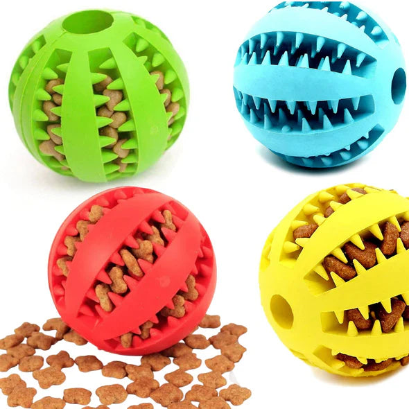 Interactive dog toy: chew ball with openings for treats, enhances pet dental health.