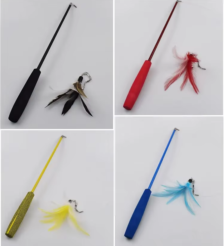 Ergonomic handle of a feather cat wand toy, designed for comfortable interactive pet play sessions