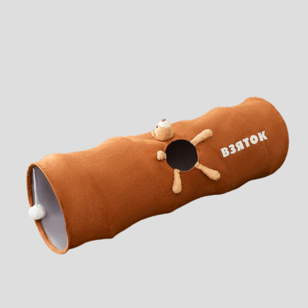 Foldable pet cat tunnel toy in a room, perfect for interactive play and exercise for felines.