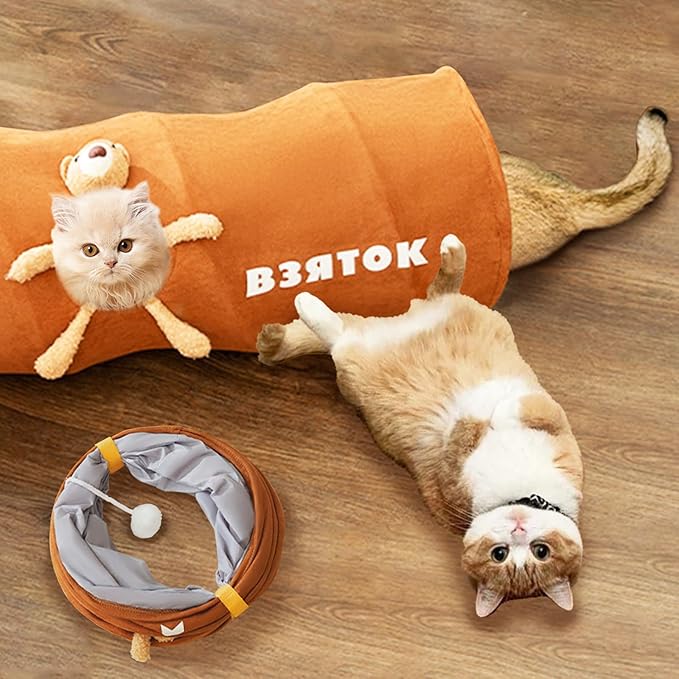 Interactive foldable cat play tunnel with soft plush toy hanging, perfect for kitten enrichment and play.