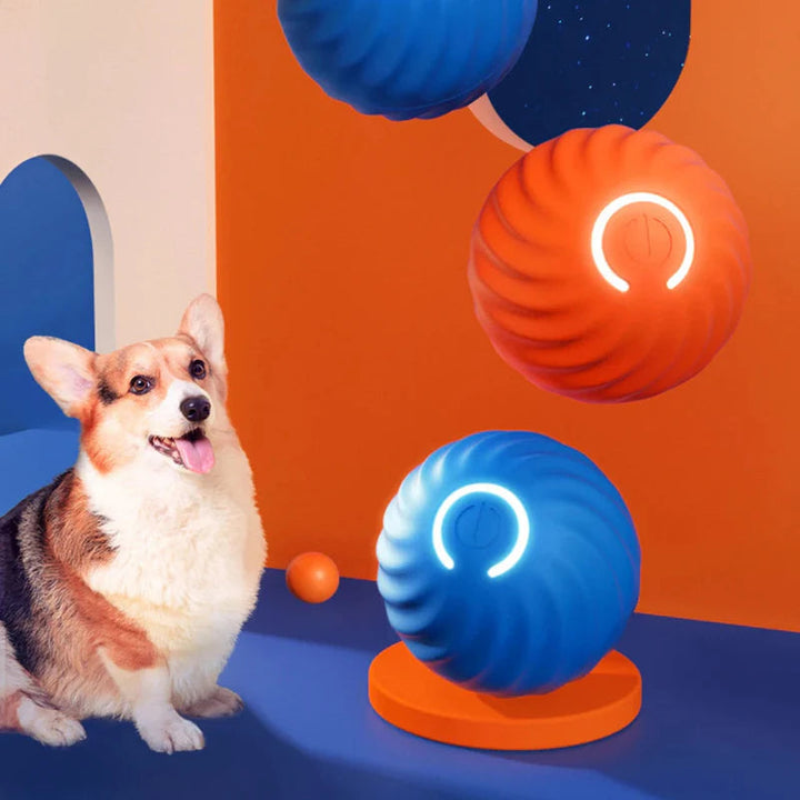 Close-up of LED pet play ball in action, showcasing vibrant lights for dog and cat entertainment.