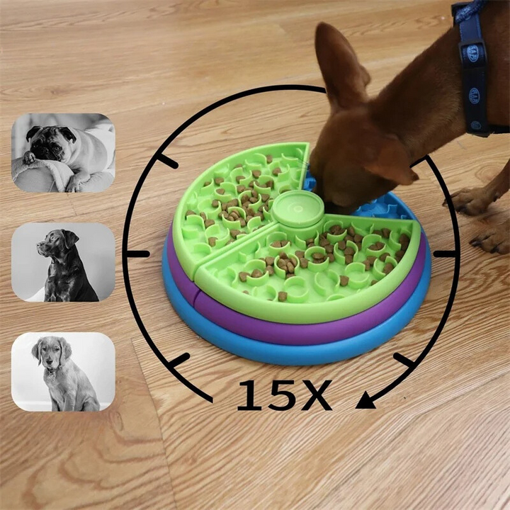 Close-up of a pet feeder bowl with multiple compartments, designed for slow feeding and interactive play