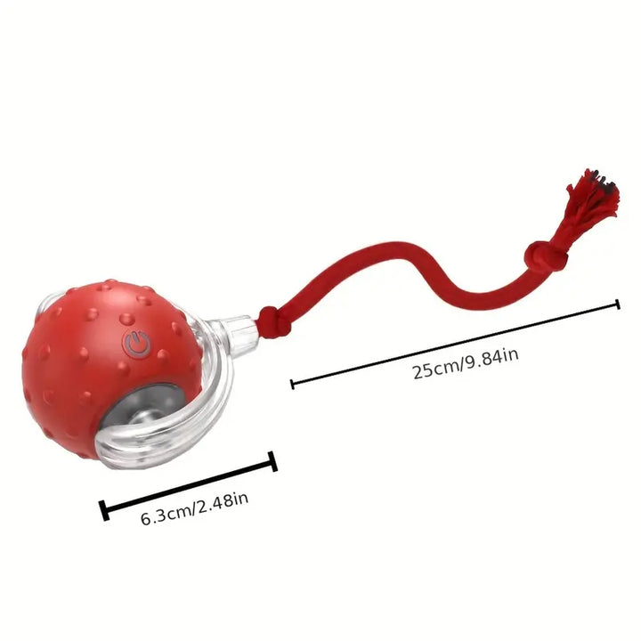 Interactive pet play ball with red tail in a grassy park, a fun outdoor dog toy