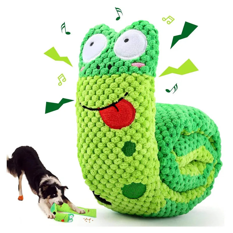 Close-up of a dog engaging with a vibrant interactive snail puzzle toy, a durable chew toy for pet enrichment.