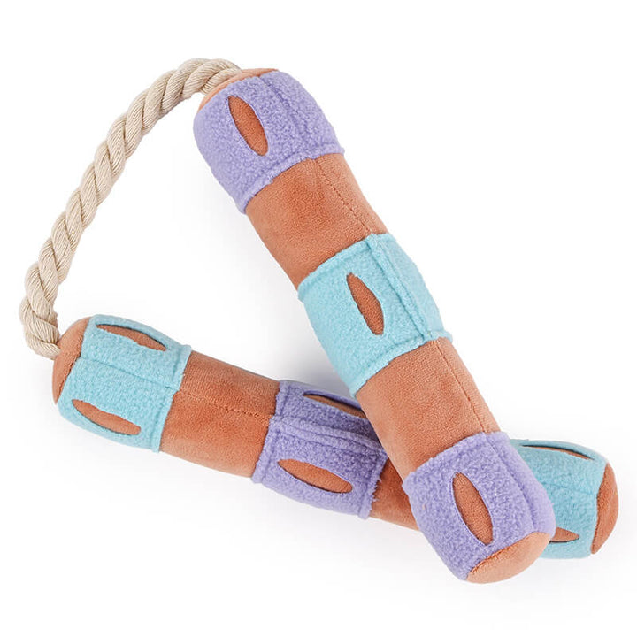 Blue and yellow interactive puzzle dog toy, a durable treat dispenser with squeak sound.