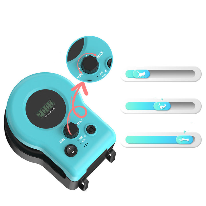 Hand holding remote control for interactive string cat toy, promoting active feline playtime