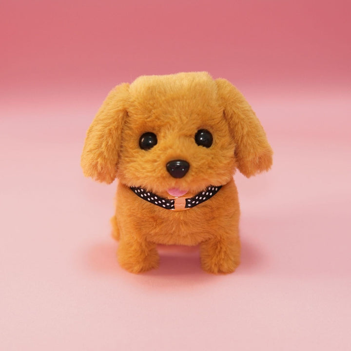 Close-up of interactive robot puppy's head, showing detail of eyes and nose on kids toy
