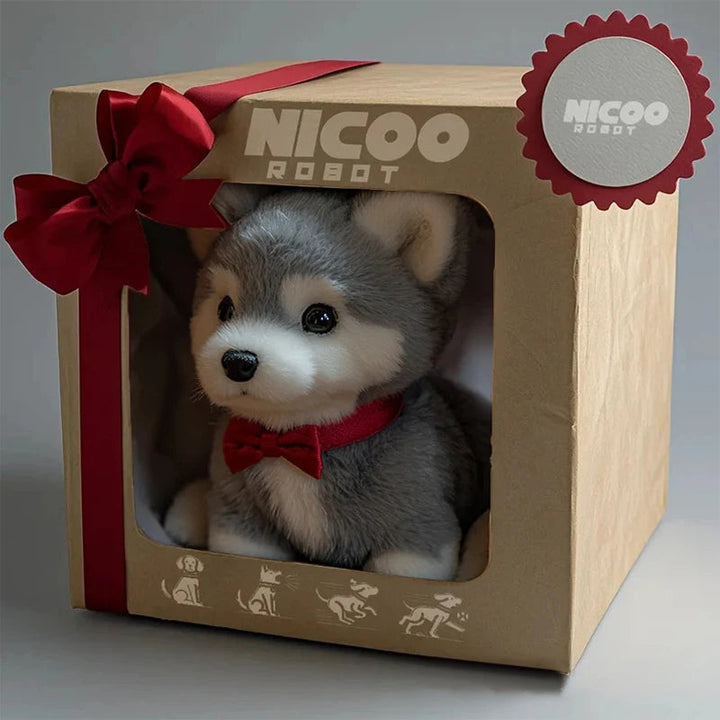 Detailed image of robotic puppy toy's head, showcasing realistic eyes and nose.