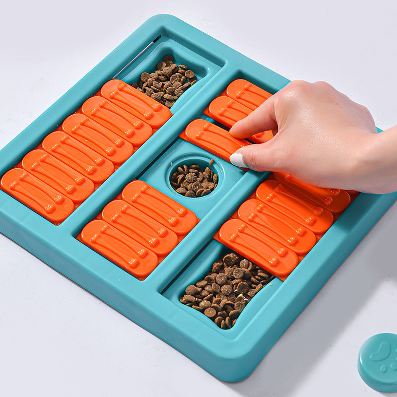 Top-down view of a durable snuffle mat dog toy with various felt flaps for treat hiding