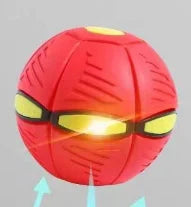 Outdoor shot of a transforming disc ball dog toy flying in the air, perfect for fetch and interactive dog games