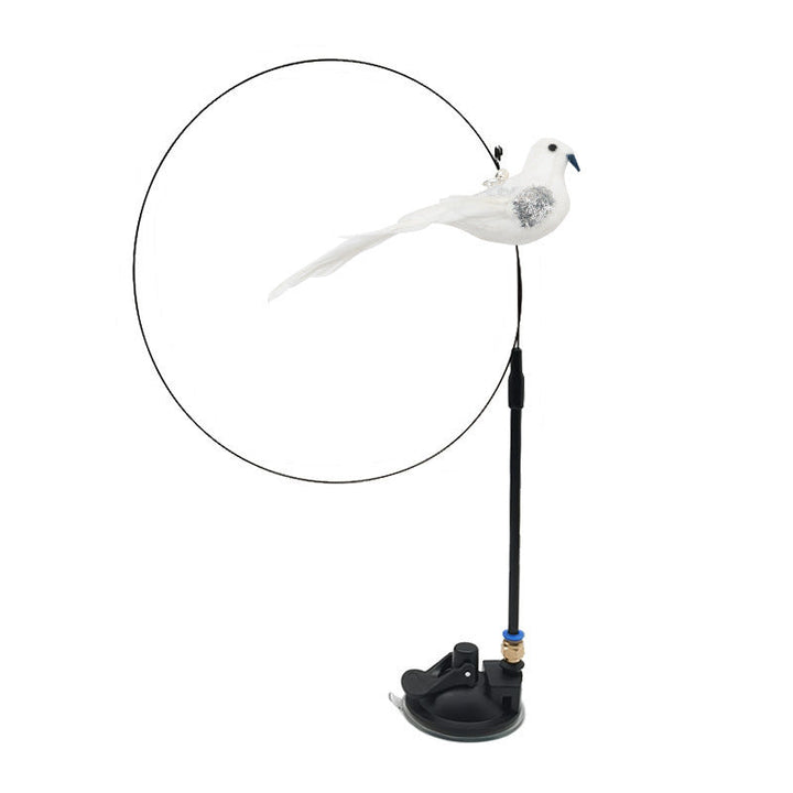 Interaktives Katzenspielzeug mit bunten Federn im realistischen Vogeldesign, simuliert unvorhersehbare Bewegungen.