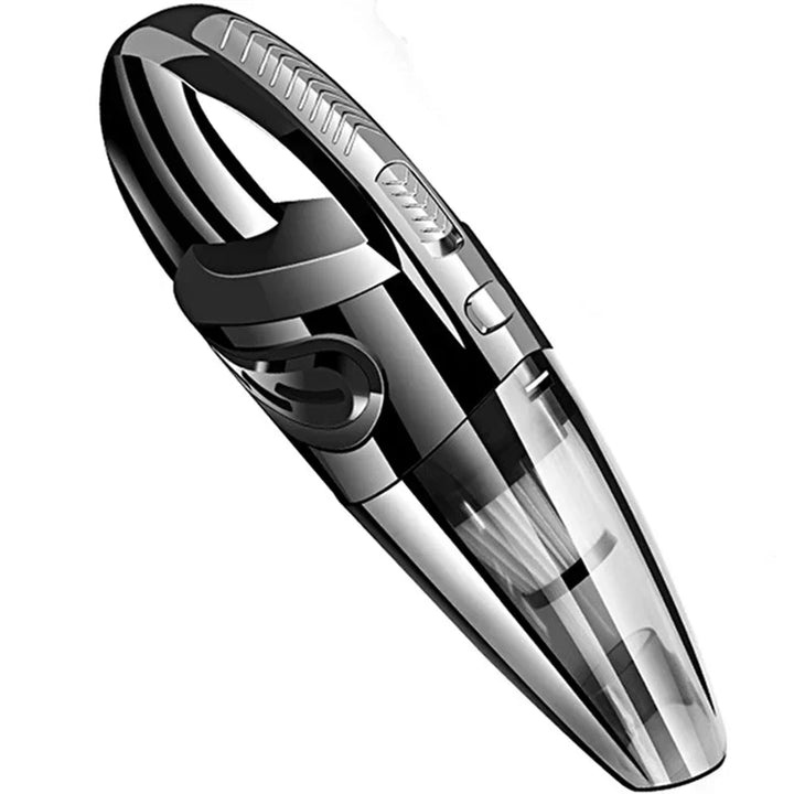 "Kabelloser Handstaubsauger schwarz-rot, leistungsstarke Zyklonabsaugung, kompakt, für Haushalt und Auto geeignet."