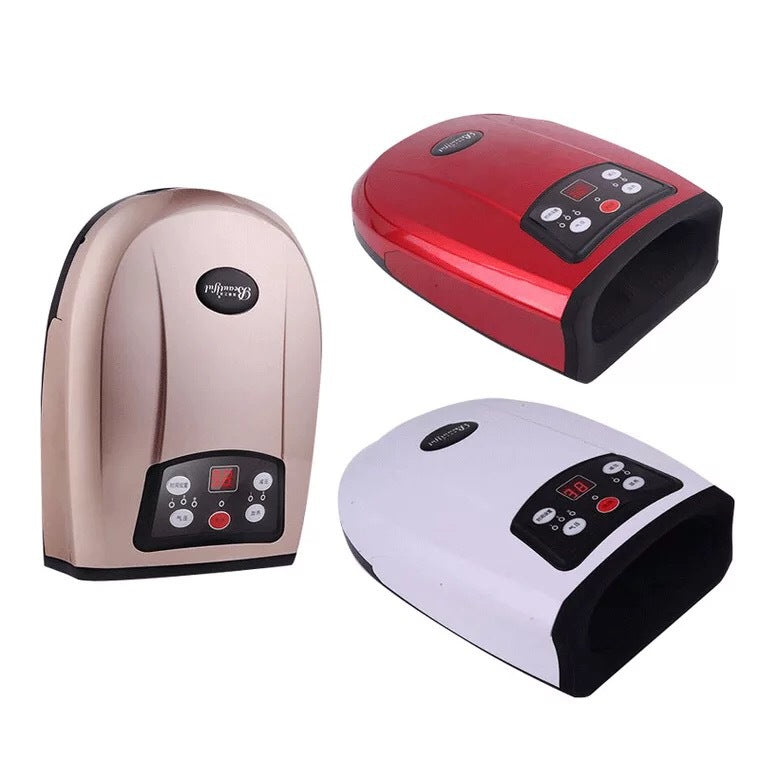 Kabelloses Handmassagesystem in Weiß mit Luftkompression und Wärmetherapie, ergonomisches Design, ideal für zu Hause.