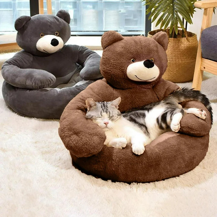 Soft grey teddy bear dog bed, warm round design for small pets, comfy furniture