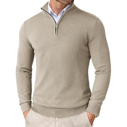Men's versatile quarter zip knit sweater. Premium cotton merino pullover with long sleeves, perfect for smart casual.