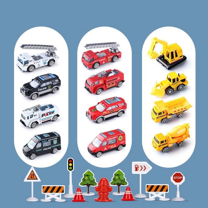 Complete children's playset with a toy airplane and diverse vehicles, promoting imaginative adventures.