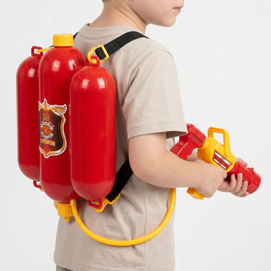 Children's firefighter backpack water blaster for active outdoor play & summer water fights.