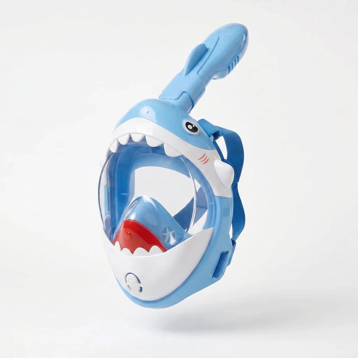 Shark-themed full face snorkel mask for kids, offering comfortable & clear underwater vision for young adventurers.