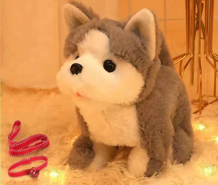 Child hugging a soft walking plush puppy toy, demonstrating its interactive features, happy expression