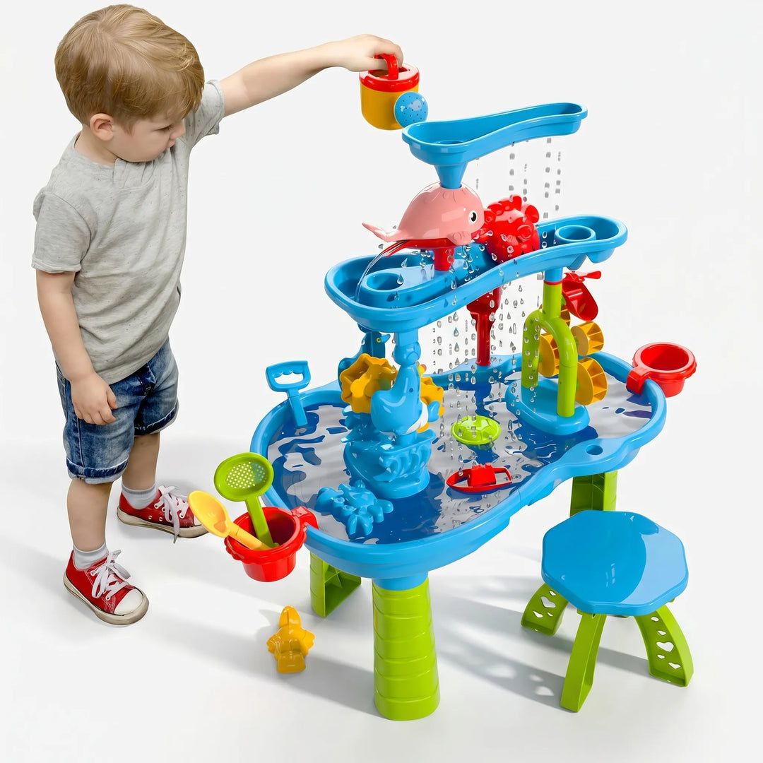 Brightly colored kids' multi-level water play table with fun accessories, an ideal outdoor sensory activity center.