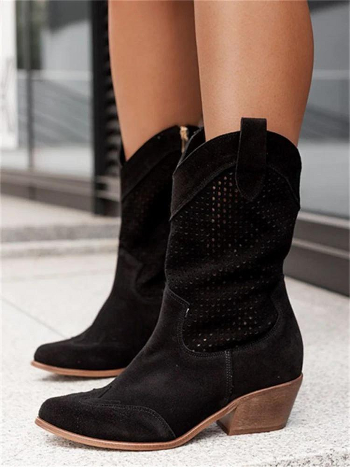 "Klassische Damen Cowboystiefel, atmungsaktiv, stilvoll, braunes Leder, Western-Look, langlebig, Retro-Stil."