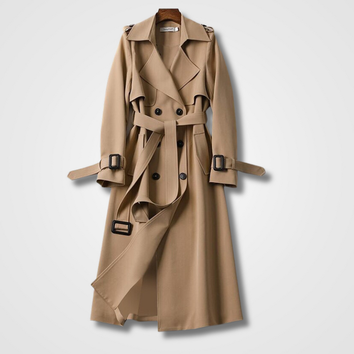 Klassischer Damen Trenchcoat in Beige, wasserdicht, zeitloses Design, ideal für wechselnde Witterungen und elegante Anlässe.