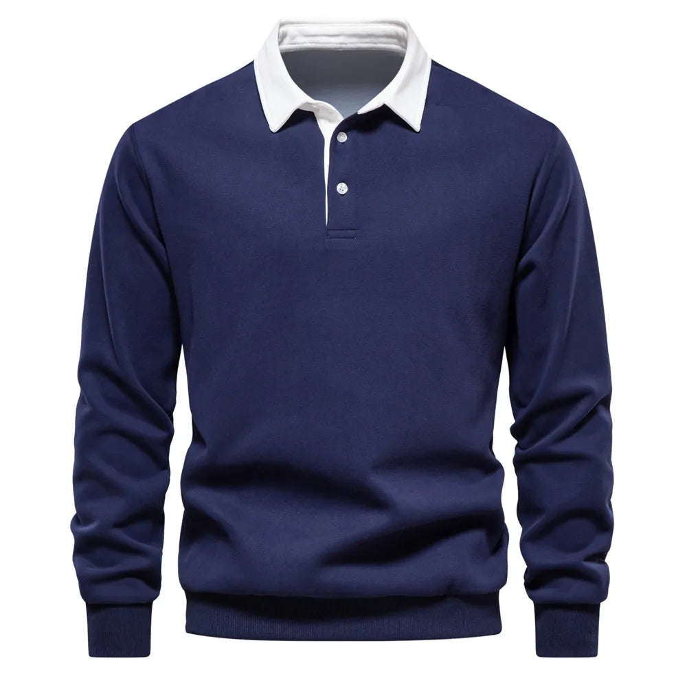 "Klassisches Rugby-Poloshirt für Herren, marineblau mit weißem Kragen, aus Baumwollmischung, sportlich-elegant."
