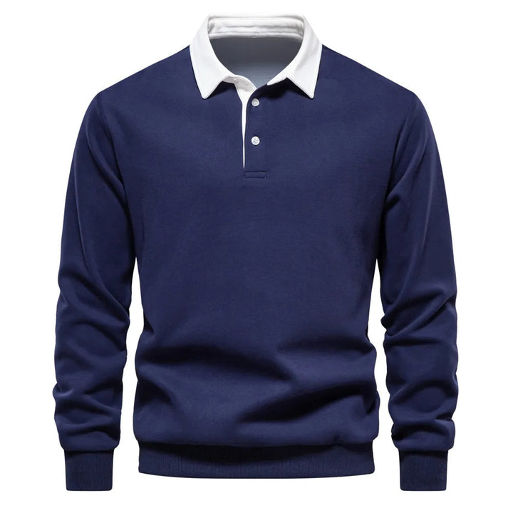 "Klassisches Rugby-Poloshirt für Herren, marineblau mit weißem Kragen, aus Baumwollmischung, sportlich-elegant."