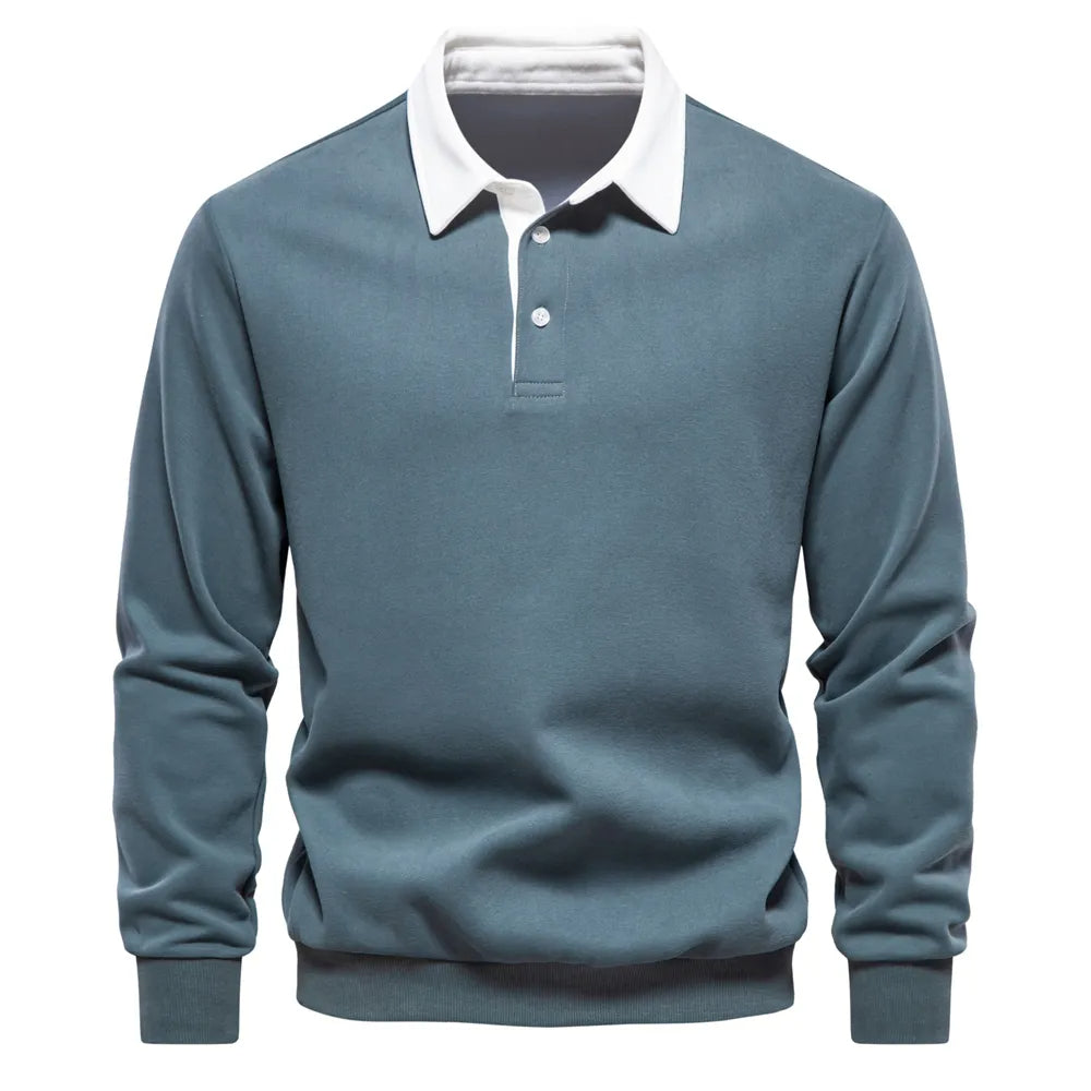 "Klassisches Rugby-Poloshirt für Herren, marineblau mit weißem Kragen, aus Baumwollmischung, sportlich-elegant."