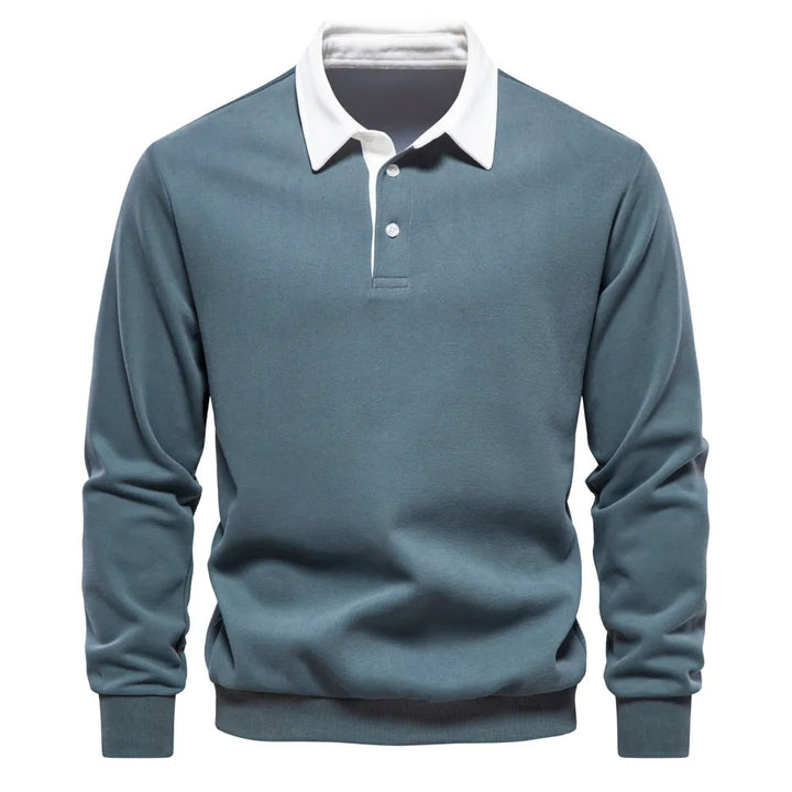 "Klassisches Rugby-Poloshirt für Herren, marineblau mit weißem Kragen, aus Baumwollmischung, sportlich-elegant."