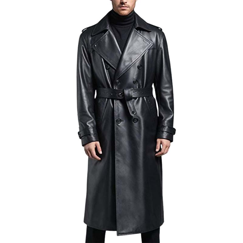 "Knielanger Herren Trenchcoat, zweireihig, klassische Eleganz, Vorderansicht, optimal für moderne stilvolle Outfits."