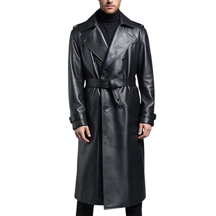 "Knielanger Herren Trenchcoat, zweireihig, klassische Eleganz, Vorderansicht, optimal für moderne stilvolle Outfits."