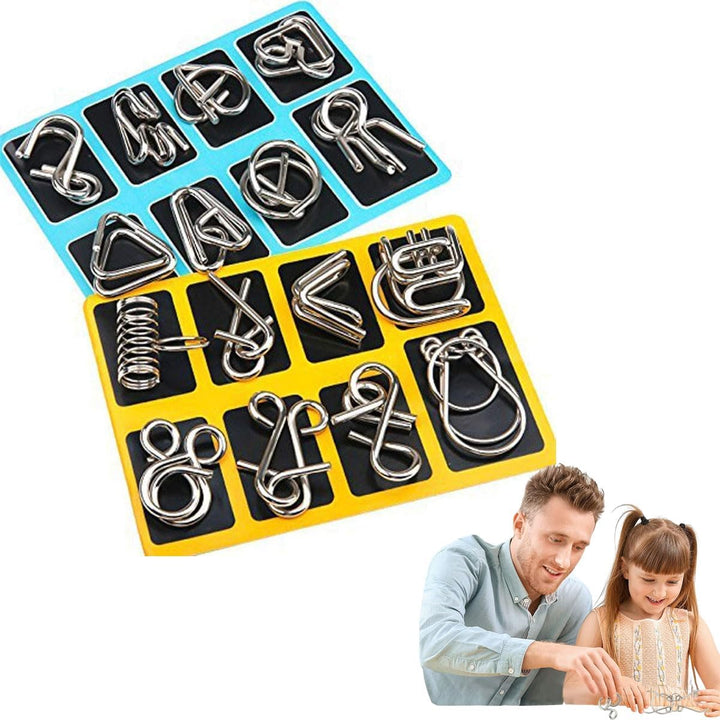 "Knifflige Metallrätsel mit Ringen in verschiedenen Formen für Logik- und Geschicklichkeitstraining, ideal für Kinder und Erw