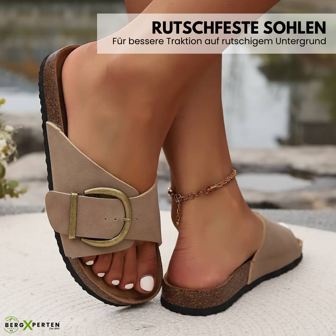 "Komfortable Damen-Korksandalen gegen Fußschmerzen, mit stylischen Schnallen und rutschfester Sohle in Rosa."