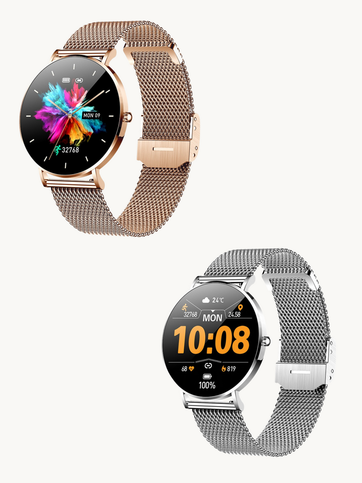 "Kompakte, elegante Smartwatch mit ultradünnem Design und Mesh-Armband, perfekt für jeden Stil, AMOLED-Display."
